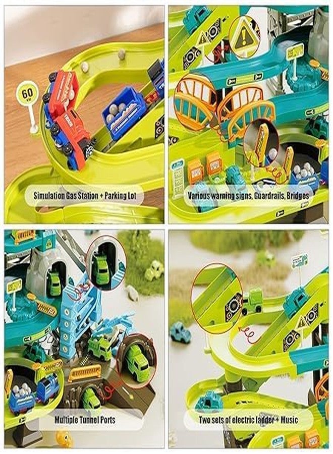 Jet Roy Colorful Dinosaur Ramp Track Playset - Climbing Hills, Railcar, Crane & Gas Station with Music and 8 Interactive Race Car Games - Image 3